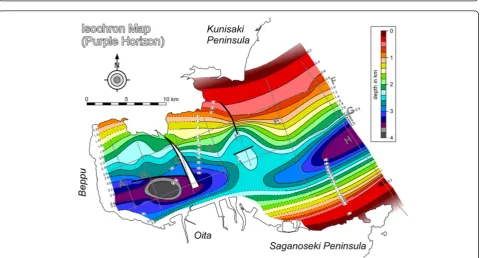 Figure 4 Typical structural features on E-W seismic lines in Beppu Bay (line G) (top, raw section; bottom, interpreted)