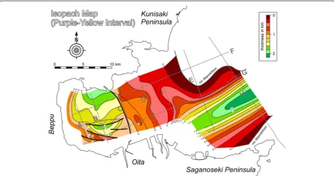 Figure 8 Isopach contour map of the lower unit (purple-yellow). Thick black lines represent faults, the curvatures of which are delineatedusing dashed segments.
