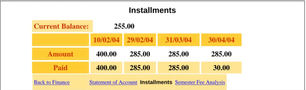 Figure 12. The Finance Module (Installments) of the Student Intranet 