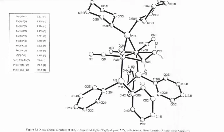 Figure 3.1 X-ray Crystal Structure of |Fe,(C0),(p-CH=CH2)(M .PCy.)(p-ilppm )| 2.Cy, with Selected Bond Lengths (Â ) and Bond Angles (“ )