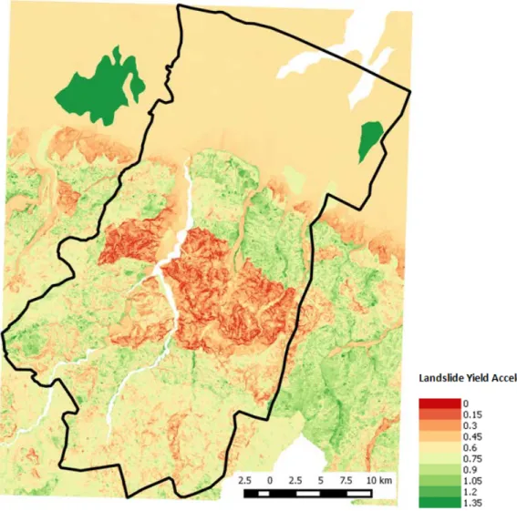 Fig. 6. GIS raster map displaying landslide yield accelerations values (k y ) for Italian road case study 