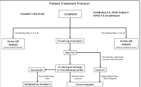 Figure 1 Study protocol showing standard patient management, timepoints and decision making of imaging as well as the furtherprocessing of post-SAH CSF.