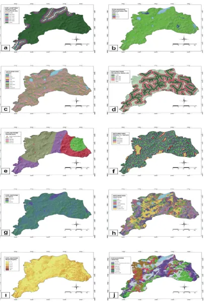 Figure 3. Parameter maps used in the study: a) distance to fault, b) topographic wetness index, c) aspect, d) distance to streams, e)  rainfall, f) distance to road, g) curvature, h) land cover, i) slope, j) lithology   
