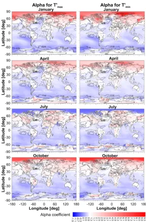 Fig. 3. Global maps ofFig. 3. Global maps of αﬁt-coefﬁcients for T′ma x(left column) and T′mi n(right column) for four selectedmonths of the year