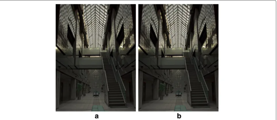 Fig. 5 Comparison between tone-mapped version of a: original image 1; b: marked image 1 (AtriumMorning)