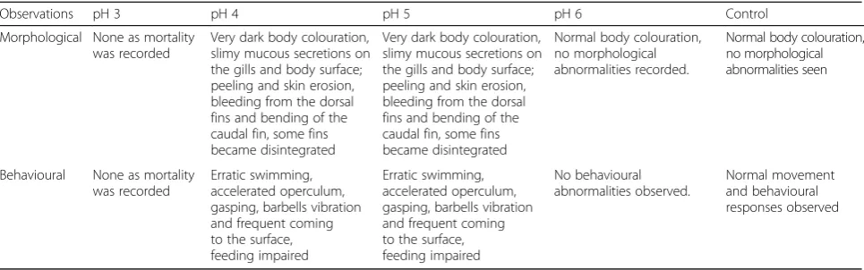 Table 6 Morphological and behavioural observations of adult of O. niloticus in low pH and control