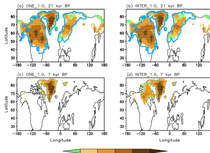 Figure 7. Simulated ice sheet elevation (m) at 21 ka (a, b) and 7 ka (c, d) in the one-way coupled experiment ONE_1.0 (a, c) and fullyinteractive experiment INTER_1.0 (b, d)