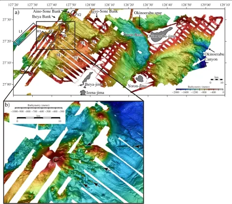 Figure 2 Seafloor bathymetry and detail of the survey area. (a) Seafloor bathymetry of the survey area; larger submarine volcanic structuresare indicated by circles