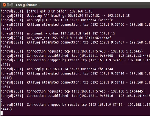 Fig. 4: Honeyd response to port scanning, showing a connection request by the IP address in the network