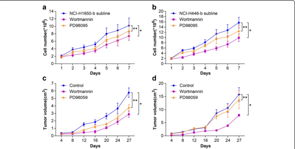 Fig. 3 Effect of Wortmannin or PD98095 on the proliferation of NSCLC and SCLC following heat treatment