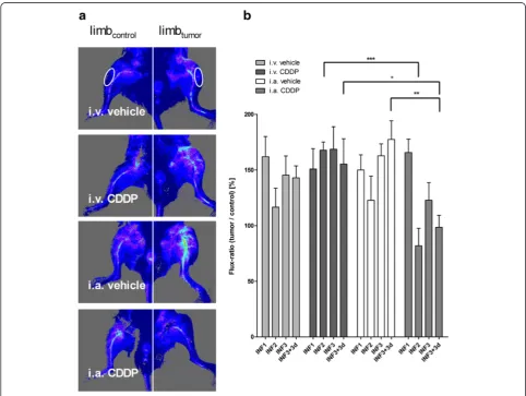 Fig. 3 Changes in hind limb blood perfusion during the treatment period. a Representative images of perfusion measurements of the kneeregion from each treatment group at the end of the study (27 days post tumor cell injection)