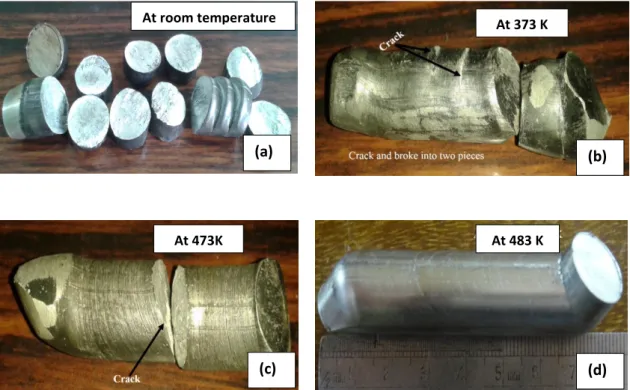 Fig. 2. ECAP processed AZ61 alloys after first pass at different temperatures. (a) At Room  temperature (b) 373 K (c) 473 K and (d) 483 K 