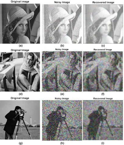 Figure 2. ((a), (d), (g)) are three bench mark original images; ((b), (e), (h)) are the corresponding noisy images with noise variance 0.4; ((c), (f), (i)) are the corresponding denoised images Here, the noise level is 0.4
