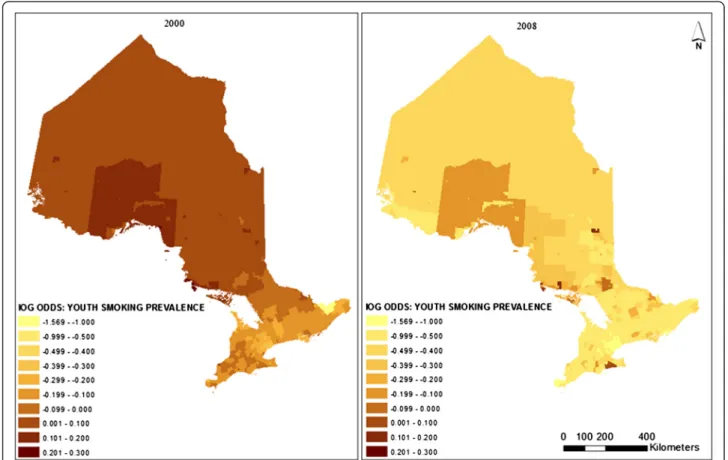 Figure 7 CSD level predicted distributions of youth smoking prevalence in 2000 and 2008.
