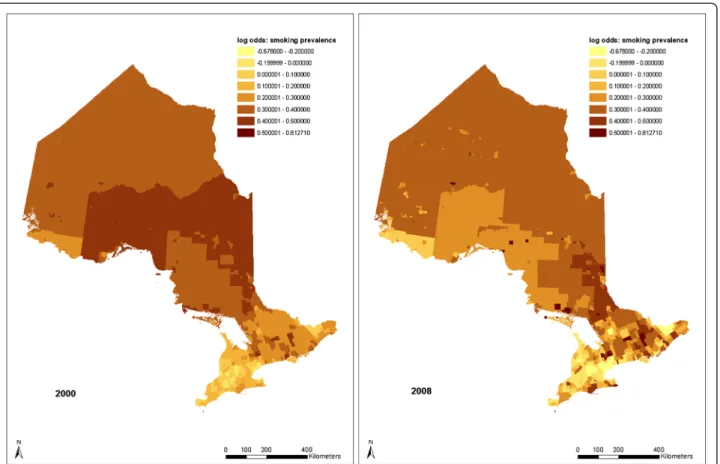 Figure 4 CSD level predicted distributions of adult smoking prevalence in 2000 and 2008 without controlling for home smoking restriction.