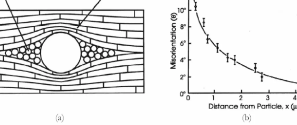 Figure 2.23: (a) Sketch of a deformation zone around a particle in a rolled polycrystal