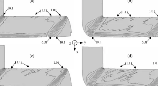 Figure 5.3: Comparison of experimentally observed shear strain angle (in radians) in  mid-samples, z=9.6 mm, for different temper and friction conditions: (a) homogenized  - high friction; (b) homogenized - low friction, (c) T4 - high friction and (d) T4 -