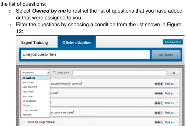 Figure 12: Questions Filter  (screenshot from version of the tools as of date of this document)