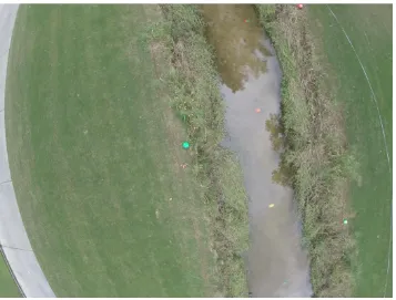 Figure 2.1: Image taken during flight at the DHGC site location showing the GCPs placed along the reach banks and in the stream bed 