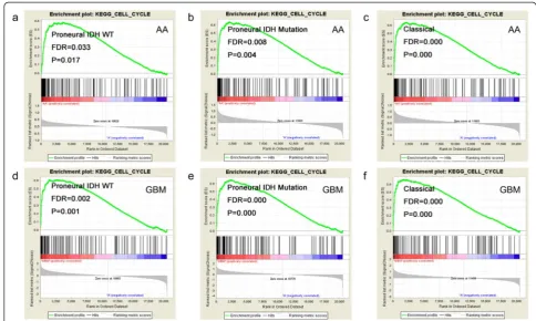 Fig. 3 Gene set enrichment analysis of UG in three subtypes. The cell-cycle enrichment ploted of universally up-regulated genes in (a) IDH-wild-typeProneural AA, (b) IDH-mutated Proneural AA, (c) IDH Classical AA, (d) IDH-wild-type Proneural GBM (e) IDH-mutated Proneural GBM, (f) IDH Classical GBM