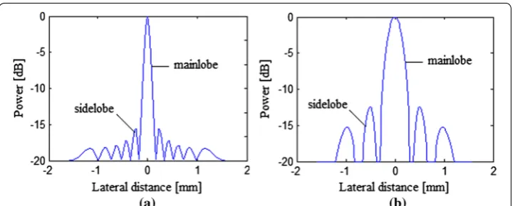 Fig. 1 Sidelobe and mainlobe pattern of a simulated point using a the linear scan imaging and b the PWI