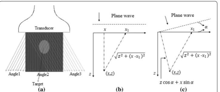 Fig. 3 Schematic representation of the PWC: ba plane wave firings with different steering angles for the PWC,  time delays for a plane wave insonification, and c time delays for a plane wave of angle α