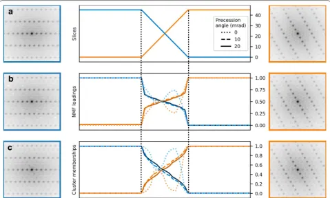 Fig. 7 Unsupervised learning applied to SPED data simulated using dynamical multislice calculations a Original data with a 20 mrad precession angle