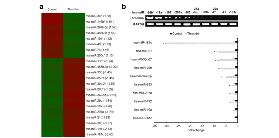 Fig. 1 Thrombin downregulates miR-181c in human microglia. a Heatmap of the miRNA array identifying differential miRNA candidates