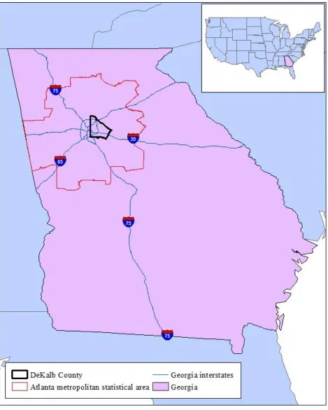 Figure 1 – Map of Georgia highlighting the Atlanta MSA and DeKalb County   