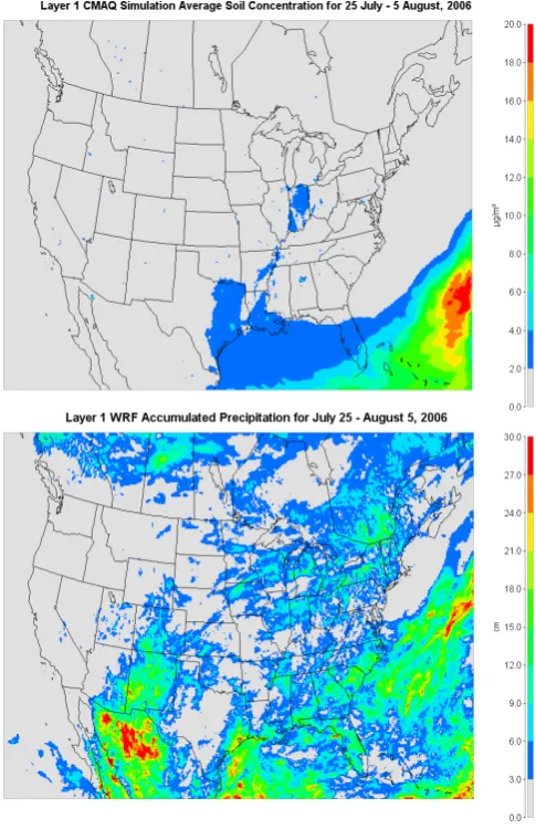 Fig. 7. Layer 1 CMAQ average soil concentration (top; µg m−3)and WRF accumulated total precipitation (bottom; cm) for 25 July–5 August 2006.