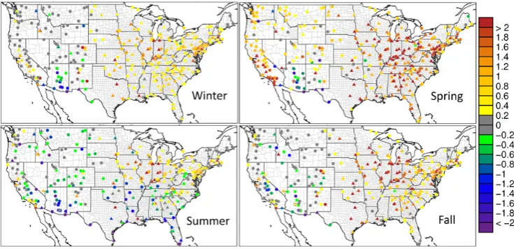 Fig. 2. Fine particulate soil seasonal mean bias (µg m−3) at the IMPROVE (circles) and CSN (triangles) network sites for the base CMAQmodel simulation.
