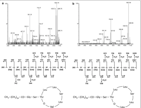 Fig. 6 TOF-MS/MS spectra (top panel) of PF3 (precursors for analyses. Bottom panel: proposed structures of PF3 (a) and PF4 (b), with structure elucidation (middle panel)