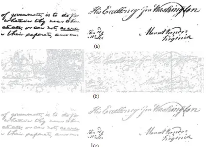 Fig.4. Contrast Images constructed using (a) local image gradient, (b) local image contrast, and (c) our proposed method of the sample document images in Fig