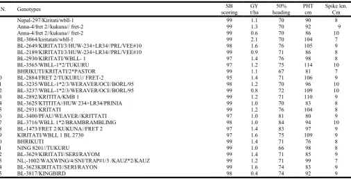 Table 6. Response of wheat genotypes for spot blotch (SB) disease and other agronomic traits tested in Wheat Varietal Display  (WVD), 2015/16 at Rampur, Chitwan  