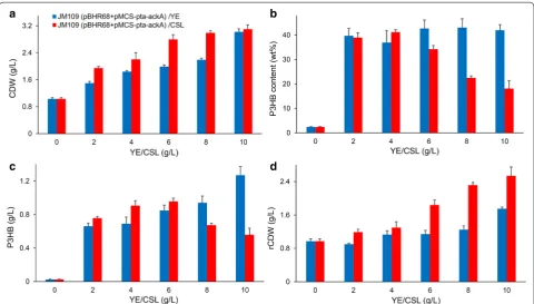 Fig. 7 Comparative cell growth and P3HB production of engineered E. coli cultivated with yeast extract or corn steep liquor as nitrogen source