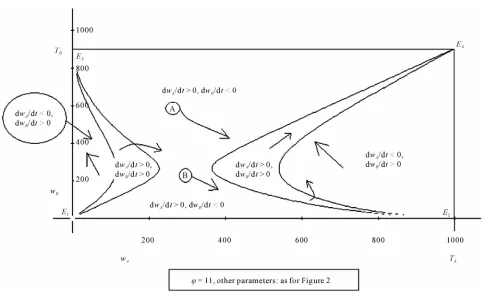 Figure 6. The graph shows the combinations of wA and wB which cause or do not cause a growth of wages in the areas A and B, for a rather high value (7) of φ