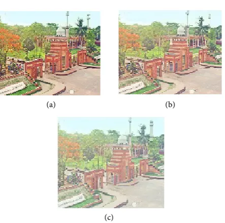 Figure 3. Simulated hazy images with different haze densities. (a) Less hazy image, λ = 1; (b) Medium hazy image, λ = 3; (c) More hazy image, λ = 5