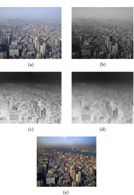 Figure 6. Different steps of our haze removal method: (a) Original image; (b) Dark channel calculation; (c) Transmission estimation; (d) Refinement using guided filter; (e) Haze free output image