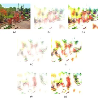 Figure 8. Example of in homogeneous hazy scenes with different haze densities and dehazed images obtained by dark channel prior technique