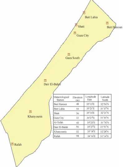 Figure 1. Location, elevation and coordinates of the Gaza Strip main metrological stations