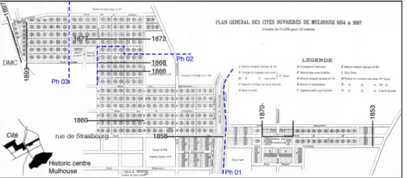 Figure 5: Realised plan of  Cité Ouvrière with indications  of the progression of  construction (black lines) and  the development phases (blue  dashed lines).