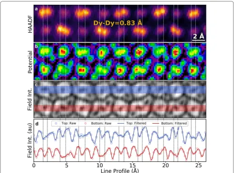 Fig. 4 Sub-Å resolution in camera-based STEM-DPC. a HAADF detector image of DSO, showing the resolved Dy–Dy doublets in the [001] projection