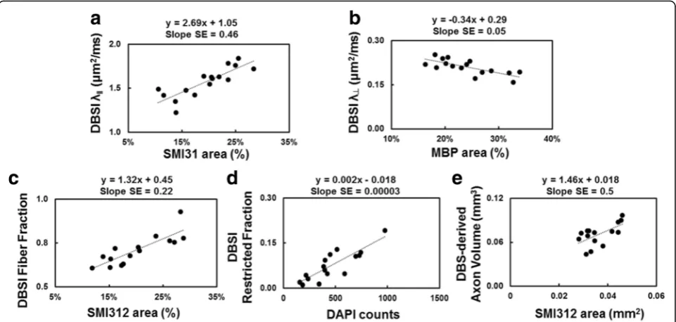 Fig. 6 Regression of SMI-31, MBP, SMI-312, DAPI counts, and DBSI-derived λǁ (a), λ⊥ (b), fiber fraction (c), and restricted fraction (d) suggested DBSImeasurements were able to reflect specific pathologies in the optic nerves of EAE mice, respectively
