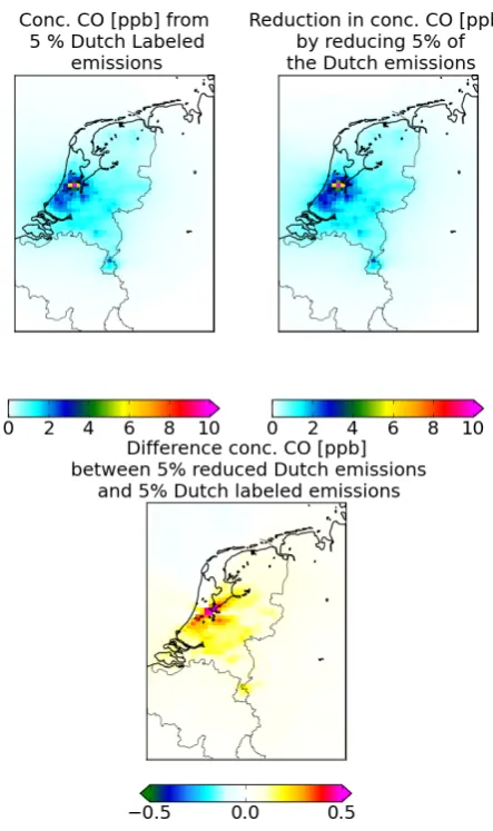 Fig. 4. Upper: concentration methylglyoxal (MGLY) from a fullmodel simulation corresponding with the 5 % labelled Dutch emis-sions