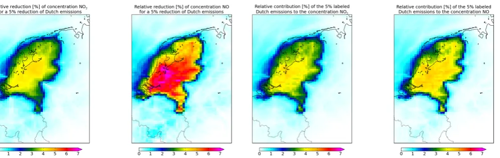 Fig. 5. Relative reduction of concentration NO(right) by a reduction of 5 % of the Dutch emissions