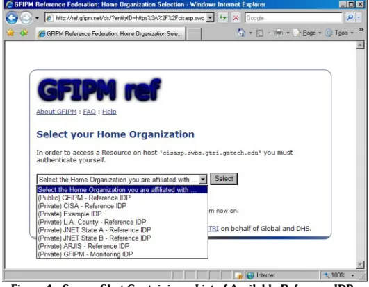 Figure 4:  Screen Shot Containing a List of Available Reference IDPs 
