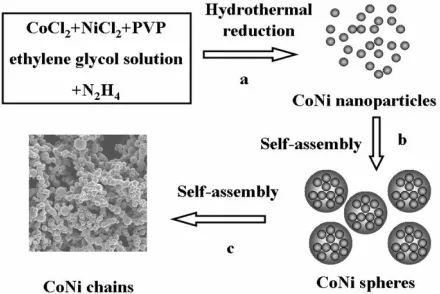 Figure 6. Schematic diagram of a possible growth mecha-nism for CoNi submicrospherical chains