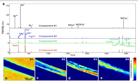 Fig. 6 Results of non-negative matrix factorization (4 components). a Detected spectral endmembers and b–e corresponding abundance maps