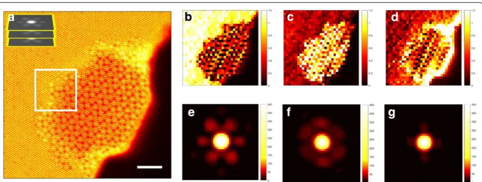 Fig. 10 a Experimental STEM image of a Mo−V−Te−Nb oxide catalyst. The image size is 2048 px × 2048 px, the width of the window in a sliding FFT is set to 500 px (shown schematically in the figure), and the window step size is 100 px