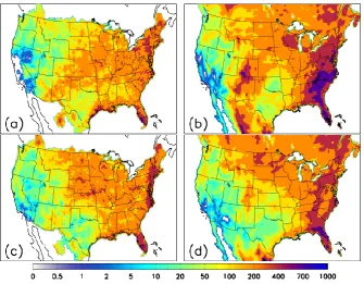 Fig. 2. Spatial distribution of 2006 and 2011 JJA total precipitation in millimeters. (a) and (c) are NWS precipitation degraded to 12 kmresolution
